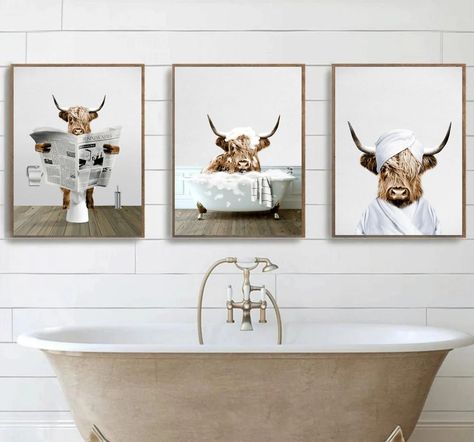 Animal Bathroom Ideas, Highland Cow Bathroom Decor, Highland Cow Bathroom Ideas, Cow Themed Bathroom, Cow Bathroom Decor Ideas, Country Airbnb, Cow Home Decor, Cow Bathroom, Bathroom Artwork Ideas