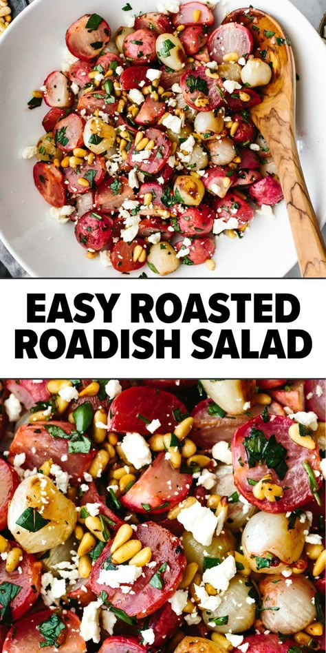 Roasted radish salad recipe Roasted Radishes Recipe, Roasted Radish, Radishes Recipe, Roasted Radishes, Dijon Vinaigrette, Radish Recipes, Pearl Onions, Radish Salad, Vegetable Side Dish