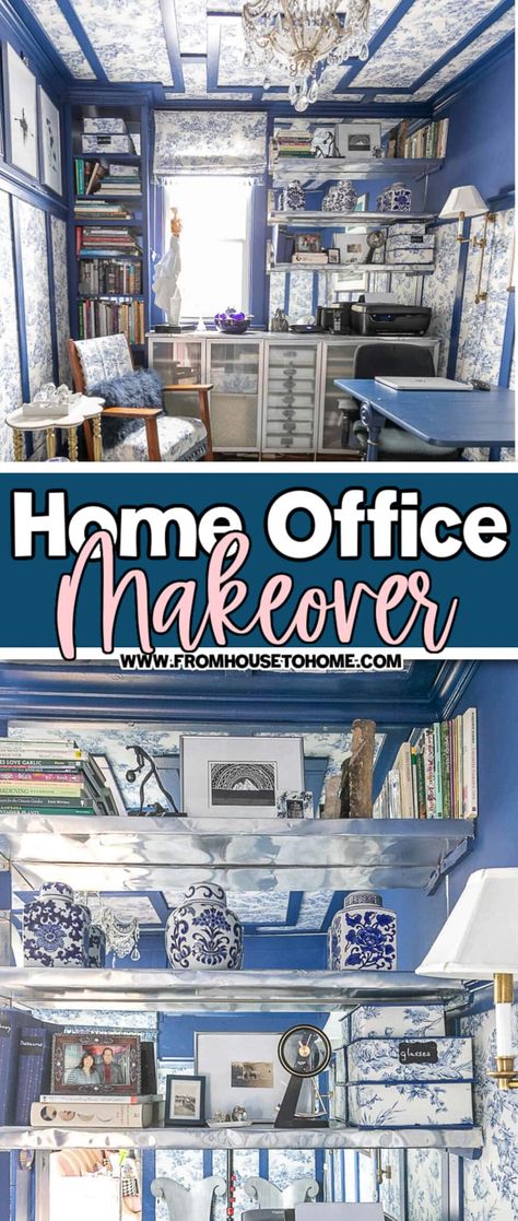 Small Home Office With Blue And White Toile Small Home Office Makeover, Small Home Office Ideas For Women, Office Makeover Ideas, Bookshelves Storage, Blue And White Toile, Home Office Makeover, Elegant Home Office, House To Home, Sewing Room Storage