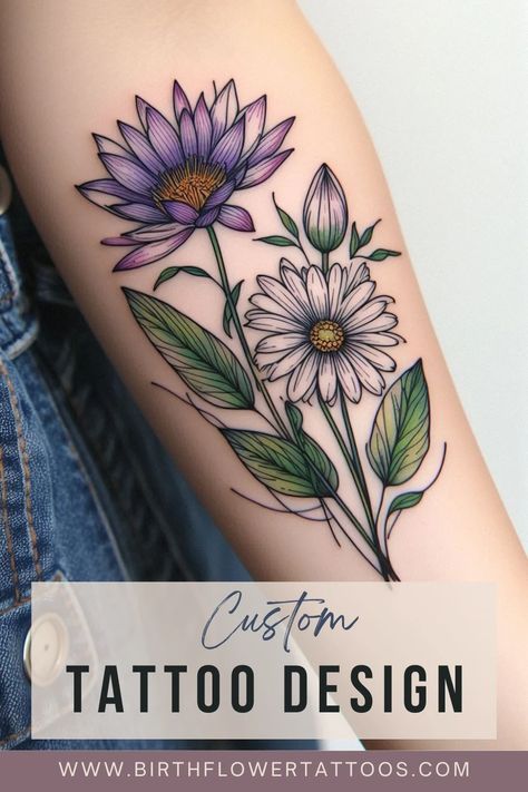 Elegant Daisy and Waterlily Flower Tattoo | April & July Birth Flower Design Daisy And Aster Flower Tattoo, July And April Flower Tattoo, April Birth Flower Tattoo Daisies, Waterlily Flower Tattoo, April Flower Tattoo, Hand Arm Tattoo, Waterlily Tattoos, April Birth Flower Tattoo, Aster Flower Tattoos