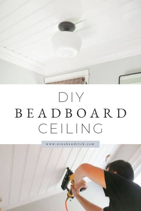 Learn how to cover a dated, textured, and stained ceiling with an easy and inexpensive cottage style DIY beadboard ceiling for a custom look. Painted Beadboard Ceiling, Painting Beadboard Paneling, White Beadboard Ceiling, Painting Beadboard, Stained Beadboard Ceiling, Paint Beadboard, Painting Ceilings, Painting The Ceiling, Painted Beadboard