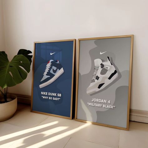 Our Sneaker Posters are created with passion and attention to detail. 🩵 Perfect for the real Sneaker Lovers. 👟 Left/Nike Dunk SB "Why so sad?" Right/Nike Jordan 4 Military Black #posters #poster #print #sneakers #sneaker #sneakerhead #sneakerposters #wallart #decoration #roomdecoration Nike Jordan 4, Black Posters, Jordan Poster, Nike Poster, Sneaker Posters, Inspo Fits, Dorm Inspo, Sneaker Lovers, Apartment Decor Inspiration