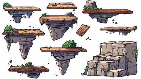 The image shows a collection of hand-drawn assets that could be used in a 2D video game. The assets include a variety of platforms, each with a different shape and size ->> more details in ai-img-gen.com Hand Drawn Game Art, 2d Game Assets, Game 2d, Environment Props, Isometric Art, Make A Game, Minecraft Crafts, Design Animation, Platform Game