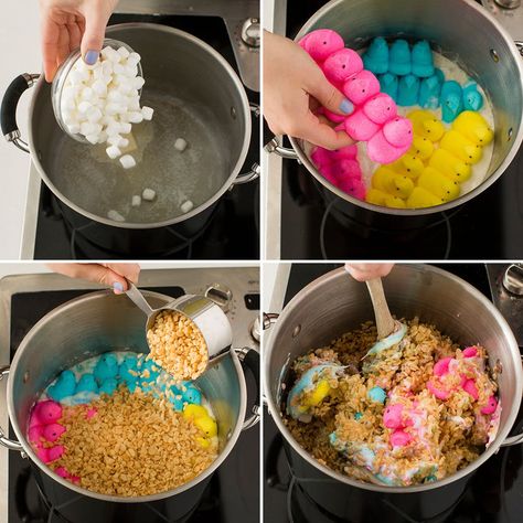 How to Make Easy, Last Minute Peeps Rice Krispies Eggs | Brit + Co Peep Rice Krispie Treats Recipe, Peeps Rice Krispie Treats Recipe, Peeps Rice Krispie Treats, Easter Desserts Cake, Easter Rice Krispie Treats, Easter Dishes, Easter Sweets, Easter Desserts, Easter Desserts Recipes