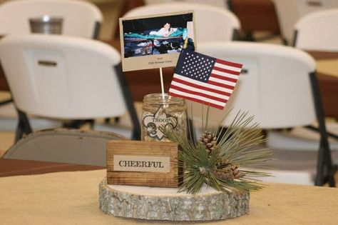 Eagle Scout Court of Honor Table Decorations | Eagle Scout Court of Honor centerpiece. Each of the 12 tables had a ... Court Of Honor Decorations, Scout Decorations, Arrow Of Light Ceremony, Eagle Scout Project Ideas, Court Of Honor Ideas, 12 Tables, Eagle Ceremony, Boy Scouts Eagle, Blue And Gold Banquet