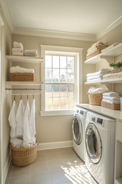 modern laundry room shelving Small Laundry Room With Shelves, Laundry Room No Upper Cabinets, White Floating Shelves Laundry Room, Laundry Room No Sink, Open Shelving Laundry Room Storage Ideas, Laundry Room And Linen Closet Combo, Bedroom To Laundry Room Convert, Laundry Open Shelves, Mudroom Laundry Room Farmhouse