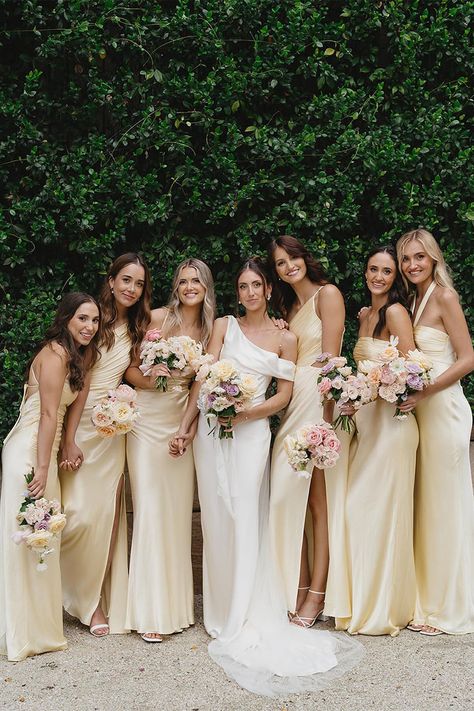 Shona Joy Bridesmaids | Olivia's Bridesmaids in La Lune -  #Bridesmaids #Joy #Lune #Olivias #Shona Yellow Bridal Party, Forest Wedding Ceremony, Gharara Suits, Lame Dress, Summer Tattoo, Floral Bustier, Shona Joy, Wedding Tattoos, Wedding Mood Board