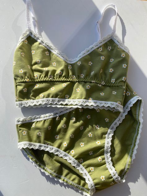 Green Daisy Cotton Brief & Bralette underwear set Cute Bralettes, Green Daisy, Cotton Lingerie, Vintage Slips, Daisy Print, Apple Green, Lace Bralette, Lingerie Set, Brighton