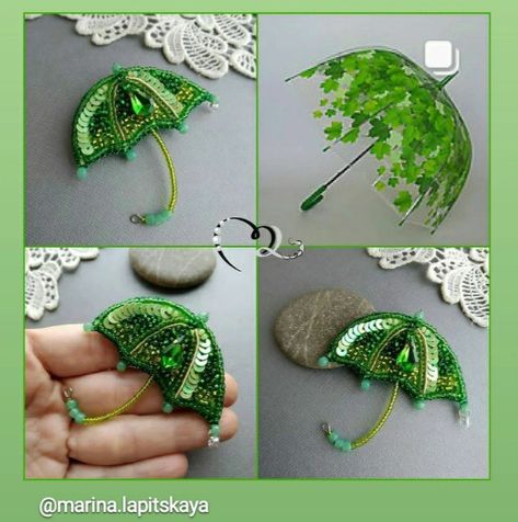 Beaded green umbrella brooch Green Umbrella, Green Bead, Umbrella, Green