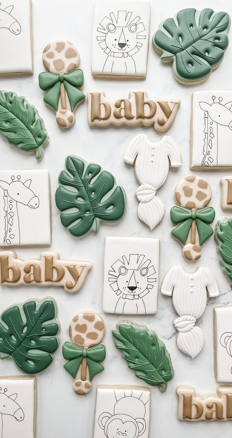 Safari Baby Cookies, Safari Shower Ideas, Jungle Cookies, Safari Baby Shower Cake, Zoo Baby Shower, Wild Baby Shower, Giraffe Cookies, Safari Baby Shower Boy, Lion Baby Shower