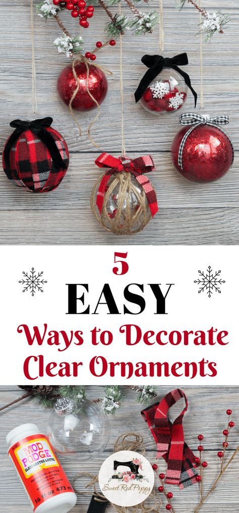 Learn How to Decorate Clear Plastic Christmas Ornaments DIY Tutorial with Glitter, Fabric, Twine, Felt and Ribbon Plastic Christmas Ornaments, Fabric Twine, Clear Plastic Ornaments, Holiday Diy Projects, Clear Ornaments, Christmas Ornaments Diy, Primitive Christmas, Diy Christmas Tree, Sewing Projects For Beginners