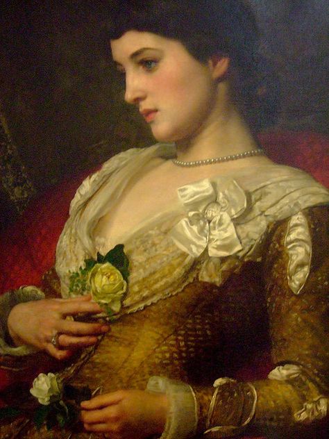 Lillie Langtry ( since I want a v-neck in the peignoir, this kind of low lace neckline works too. This dress is also mentioned in the play) Edward John Poynter, Moritz Von Schwind, Agnes Sorel, Edwin Austin Abbey, Lillie Langtry, Holding A Rose, Pre Raphaelite Art, Dante Gabriel Rossetti, John Everett Millais