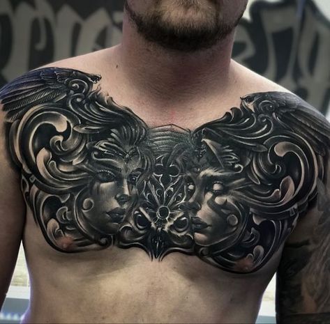 Blackwork tattoo – over 60 unique designs for men and women with meanings. From full sleeves to small ideas. Everyone will find something to their liking. Full Chest Cover Up Tattoos Men, Black Chest Tattoo Cover Up, Tattoo Chest Cover Up, Chest Piece Cover Up Tattoo, Cover Up Tattoos Chest, Chest Cover Up Tattoos Men, Dark Chest Tattoo, Black Chest Tattoo, Chest Tattoo Cover Up