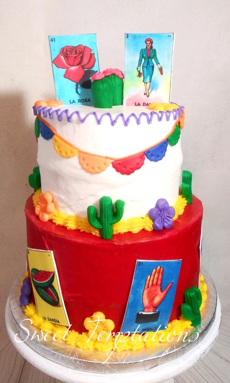 Mexican Theme Loteria Cake Mexican Theme Cake, Mexican Themed Cakes, Mexican Fiesta Cake, Mexican Wedding Cake, Mexican Cake, Mexican Birthday Parties, Whiskey Cake, Fiesta Cake, Cake Liner