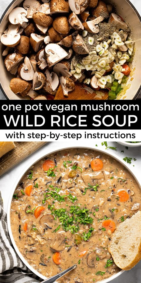 Dairy Free Cream Of Mushroom Soup, Vegan Rice Soup, Mushroom Wild Rice Soup, Mushroom Wild Rice, Crockpot Vegan, Plant Plate, Vegan Mushroom Soup, Wild Rice Soup Recipes, Plant Based Soups