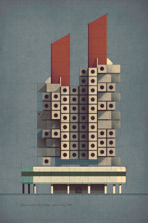 Kisho Kurokawa, The Nakagin Capsule Tower, 1972 Movement In Architecture, Kisho Kurokawa, Nakagin Capsule Tower, Case Study Houses, Halftone Pattern, Japanese Architect, Takashi Murakami, Iconic Buildings, Limited Edition Art Print