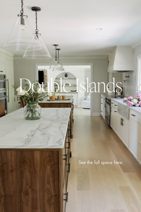 Enjoy this full home renovation and kitchen with two double islands. Head to House of Huck's portfolio to see more. Two Leveled Kitchen Island, Double Island Modern Kitchen, Two Kitchen Islands Side By Side, Side By Side Islands In Kitchen, Kitchen With Two Islands Open Concept, 2ft Wide Kitchen Island, Vertical Island Kitchen, 12 Ft Long Kitchen Island, Double Kitchen Islands Layout