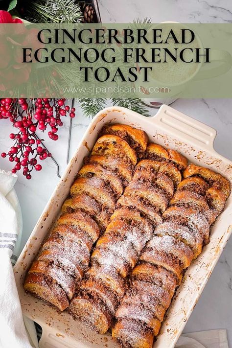 Gingerbread Eggnog French Toast is the perfect holiday breakfast solution for a crowd! There’s hints of molasses, ginger and nutmeg in a rich eggnog custard. It can be assembled in about 10 to 15 minutes the night before. Add the cookie crumb topping in the morning. Then sit back and enjoy opening gifts while the French toast is in the oven! Eggnog Custard, Eggnog French Toast Casserole, Gingerbread Eggnog, Spiced Eggnog, Croissant French Toast, French Bread French Toast, Eggnog French Toast, Thanksgiving Brunch, French Toast Casserole Overnight