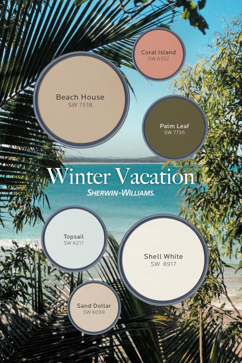 Lanai Paint Colors, Beachy Paint Colors Sherwin Williams, Tropical Paint Palette, Sherwin Williams Tropical Paint Colors, Carribean Colors Palette, Sherwin Williams Beach House Colors, Tropical Paint Colors, Vacation Color Palette, Florida Color Palette