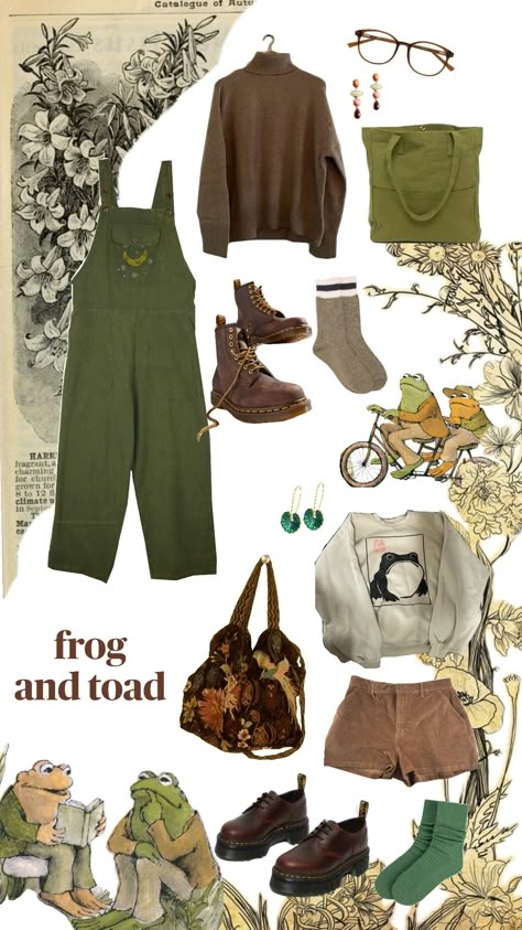 Frog and Toad friendship outfits Frog And Toad Halloween Costume, Frog Core Outfit, Frog And Toad Clothes, Frog And Toad Outfit, Frog And Toad Aesthetic Outfits, Frog And Toad Costume Diy, Frogcore Outfits, Frog Outfit Aesthetic, Frog Inspired Outfit