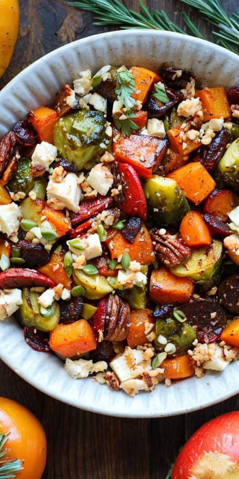 Warm up your holiday table with this Delicious Roasted Winter Vegetables recipe. The perfect side for Christmas feasts, full of seasonal flavor! #WinterVeggies #ChristmasCooking #HolidaySides #VegetarianDelights #RoastedVeggies Roasted Vegetables With Sauce, Hot Vegetable Side Dish Christmas, Winter Roasted Vegetables, Christmas Roasted Vegetables, Easy Pozole, Easy Pozole Recipe, Roasted Veggie Medley, Winter Vegetables Recipes, Christmas Vegetables