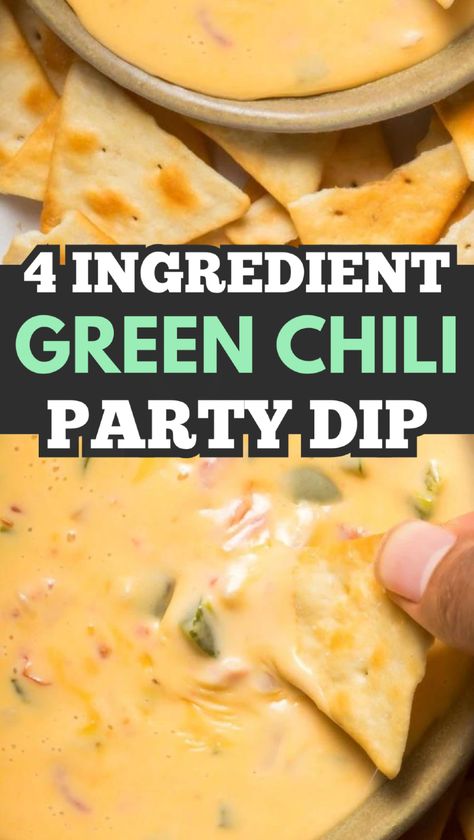 Elevate your snack game with this easy green chili dip! Combining green chilies, jalapeno, evaporated milk, and Velveeta cheese, this creamy and cheesy dip is ready in minutes. Perfect for any occasion, whether you're hosting a party or enjoying a quiet evening at home. This versatile dip offers a spicy, flavorful twist that everyone will love. Green Chili Dip, Crockpot Enchilada Casserole, Easy Green Chili, Chili Dip Recipes, Chili Dip, Cheesy Dip, Game Snacks, Football Party Food, Velveeta Cheese