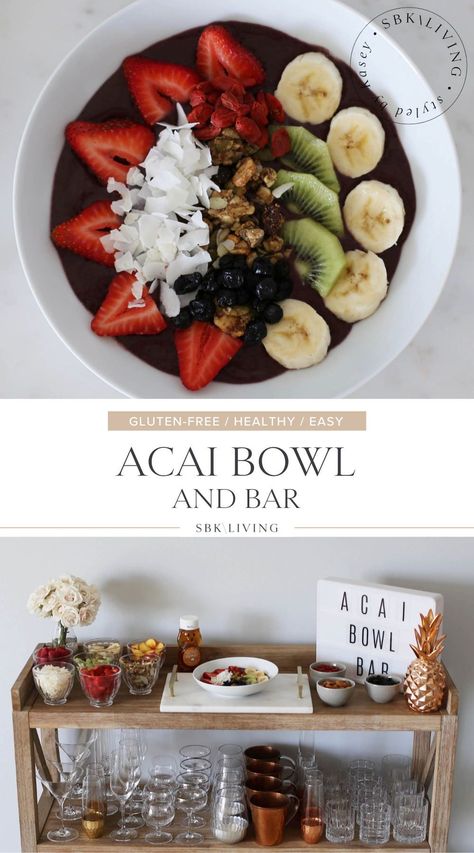 Looking to create the perfect, easy breakfast or healthy breakfast treat for entertaining? How to Make an Acai Bowl and set-up the simple acai bowl bar cart. Check out this DIY acai breakfast bowl perfect for hosting, parties and showers. I'm linking my favorite finds for hosting and sharing this delicious recipe.| SBK Living Build Your Own Acai Bowl Bar, Smoothie Bowl Bar Party, Acai Bar Party, Acai Bowl Bar Party, Açaí Bowl Bar, Acai Bowl Bar, Acai Bowl Shop, Smoothie Bowl Bar, Diy Acai Bowl