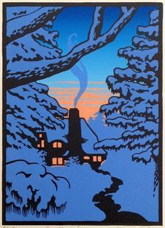 Laura Wilder Art, Winter Block Print, Twilight Illustration, Winter Illustrations, Winter Prints, Posca Art, Winter Illustration, Relief Printing, Illustration Botanique