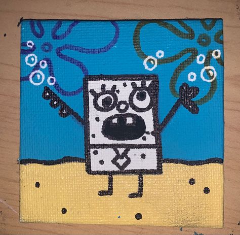 Mini Spongebob Painting, Selling Canvas Paintings, Trippy Mini Canvas Paintings, Funny Mini Paintings, 4x6 Painting Ideas, Funny Mini Canvas Painting, Funny Small Paintings, 3x3 Canvas Paintings, Mini Canvas Designs