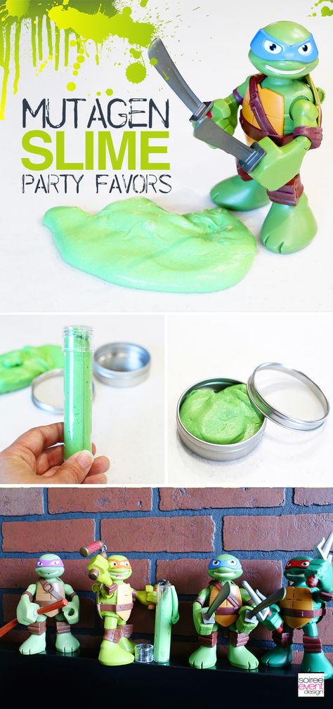 Ninja Turtles Party Ideas – Make Ninja Turtles Mutagen Slime with this step-by-step tutorial from Soiree Event Design.  #soireeeventdesign #boypartyideas #tmnt #ninjaturtles #ninjaturtlesslime #slime #partyactivities Ninja Turtle Obstacle Course, Tmnt Birthday Party Favors, Ninja Turtles Party Games, Ninja Turtle Party Activities, Ninja Turtle Games For Party For Kids, Ninja Turtle Favors, Tmnt Activities, Ninja Turtles Birthday Party Ideas Games, Ninja Turtles Party Favors