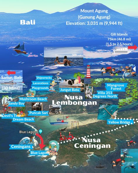 Map of Nusa Lembongan - 353 Degrees North Like Symbol, Nusa Lembongan, Sunset Session, Bucket List Places, Where To Travel, Places Of Interest, Lombok, Us Map, Blue Lagoon