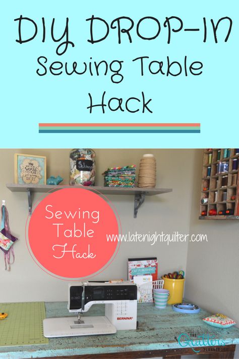 This is an incredible step-by-step DIY hack to create the perfect drop-in sewing table, no matter what kind of machine you have. I can't wait to do this so I can quilt everything on my domestic machine. Sewing Table Ideas, Sewing Machine Table Diy, Diy Sewing Table, Sewing Machine Tables, Sewing Machine Table, Sewing Cabinet, Sewing Room Organization, Closet Organization Diy, Wine Bottle Diy Crafts