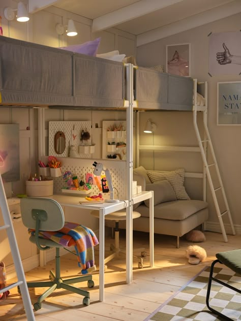 Cool shared bedroom ideas your tweens will love - IKEA Loft Beds Shared Room, Ikea Shared Room, Teenager Shared Bedroom Ideas, Shared Loft Bedroom, Small Sibling Bedroom, Ikea Shared Bedroom Kids, Split Kids Bedroom Ideas, Ikea Shared Bedroom, Tiny Shared Bedroom Ideas