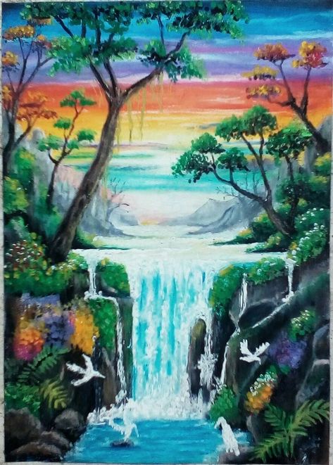 Oil Pastel Waterfall, Waterfall Painting, Waterfall Paintings, Landscape Painting Tutorial, Oil Pastel Paintings, Abstract Art Diy, Oil Pastel Art, Pastel Paintings, Nature Painting