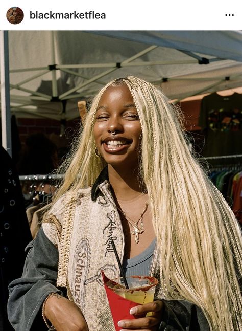 Protective Hairstyles Braids Blonde, Moesha Layered Braids, Blonde Zoe Kravitz Braids, Pick And Drop Braids Blonde, Blond Micro Braids, Blonde Pick And Drop Braids, Platinum Blonde Hair Braids, Blonde Afro Dark Skin, Mullet Braids Black Women