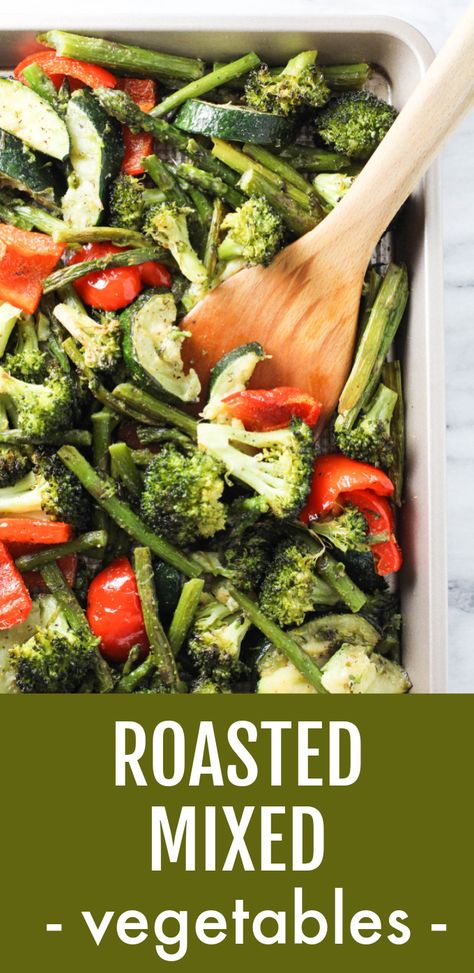 Overhead shot or roasted vegetables on a baking sheet with a wooden spatula. Below the image, there is a text overlay saying: roasted mixed vegetables. Mixed Veggie Recipes, Roasted Mixed Vegetables, Frozen Vegetable Recipes, Summer Vegetable Recipes, Roasted Summer Vegetables, Mix Vegetable Recipe, Roasted Vegetable Medley, Vegetable Side Dishes Healthy, Easy Vegetable Recipes