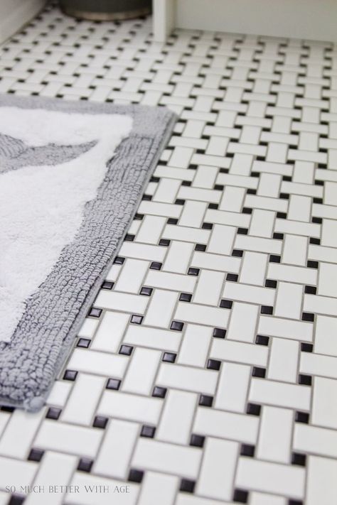 10 Design Tips for Kids Bathroom/dark grout basketweave tile - So Much Better With Age Dark Grout, Remodeling Hacks, Basket Weave Tile, Mold In Bathroom, Budget Bathroom Remodel, Walk In Shower Designs, New Toilet, Budget Bathroom, Bad Design