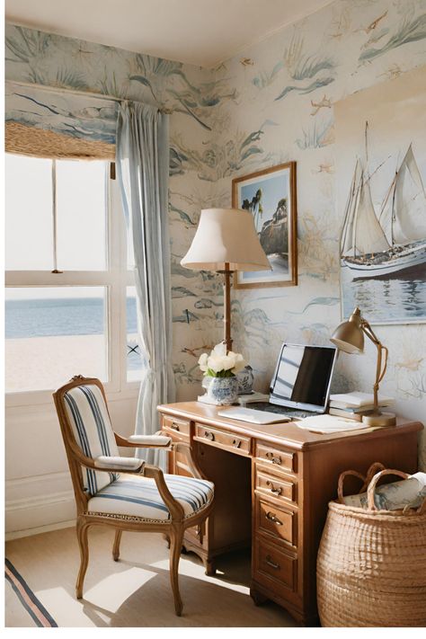 A perfect coastal themed study. #grandmillennial #nautical #beach #coastal #coquette #homedecoration #office #aigenerated Coastal Academia Decor, Nautical Victorian Decor, East Coast Coastal Decor, Vintage Coastal Home Decor, Old Money Coastal House, Victorian Coastal Decor, Traditional Costal Interior Design, Coastal Nancy Meyers, Coastal Vintage Style