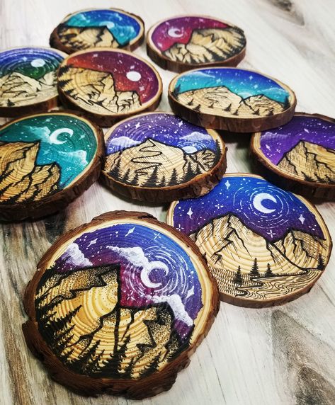 Painted Wood Slices, Pnw Art, Mountain Scene, Mountain Paintings, Hand Painted Wood, Wood Slices, Painted Wood, Painting On Wood, Graphic Designer