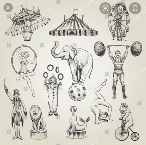 Circus Tent Drawing, Cirque Vintage, Circus Tattoo, Circus Illustration, Circus Vintage, Circus Characters, Theme Tattoo, Circus Animals, Circus Art