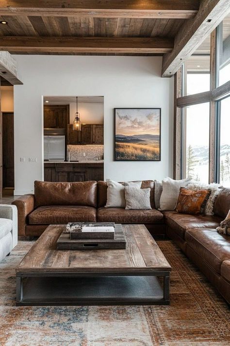 Montana Inspired Living Room, Comfy Leather Couch Living Room, Modern Western Style Living Room, Ranch House Furniture, Western Contemporary Living Room, Lodge Interior Design Living Room, Modern Rustic Couch, Cowboy Style House, Living Room Decor Rustic Modern