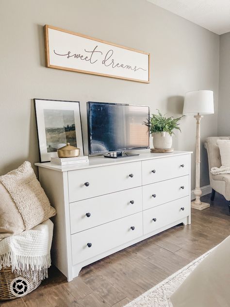 Cute Dresser Decor With Tv, Bedroom Dresser Tv Stand, Small Tv On Dresser In Bedroom, Dresser As Tv Stand In Bedroom, Dresser In Corner Of Bedroom, Tv On Dresser In Bedroom Decor, Tv Stand Bedroom Ideas, Dresser With Tv Decor, Dresser And Night Stand Ideas