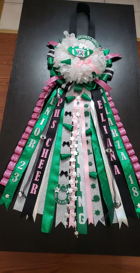 Hoco Mums Green And Gold, Green And White Mums Homecoming, Green Mums Homecoming, Senior Boards, Hot Pink Homecoming, Hoco Mums, Pink Mums, Creative Writing Lesson, Hoco 2024