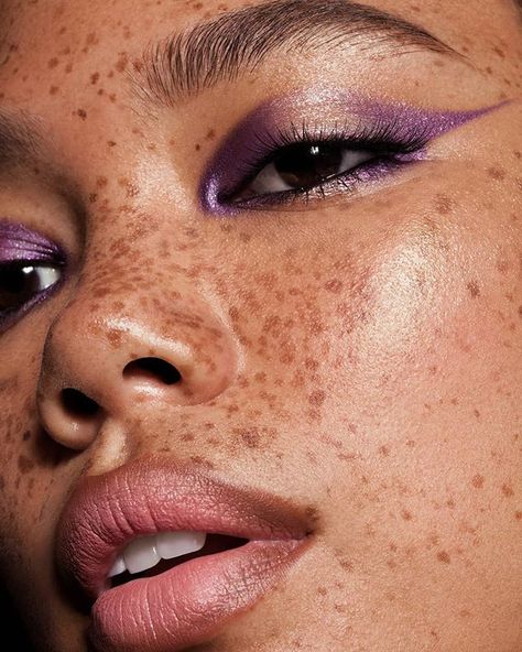 Mecca Makeup, March Moodboard, Fashion Show Makeup, Lipstick For Fair Skin, Beauty Advertising, Beautiful Freckles, Glossy Eyes, Purple Eye Makeup, Runway Makeup