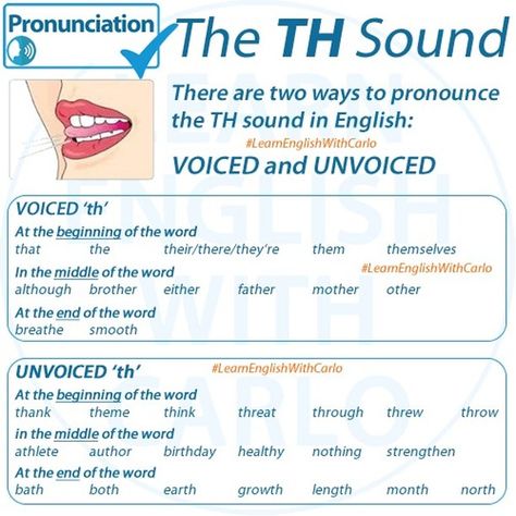 Learn English with Carlo on Instagram: “GRAMMAR - The TH Sound There are two ways to pronounce the TH sound in English: VOICED and UNVOICED VOICED 'th' at the beginning of the…” Voiced And Unvoiced Sounds, Words With Th Sound, Th Voiced And Unvoiced, Th Sound Worksheet, Th Sound Words, Voiced And Unvoiced Th, Th Sound, Reading Rules, English Language Activities