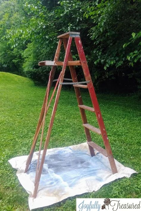 Old Wooden Ladder Shelf, Simple Upcycled Ladder Idea | Hometalk Old Wooden Ladder Ideas, Step Ladder Ideas, Wooden Ladder Ideas, Old Ladder Decor, Old Ladder Ideas, Diy Wooden Ladder, Upcycle Ladder, Old Wood Ladder, Repurposed Ladders