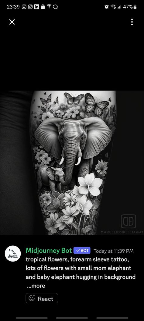 Womens Elephant Tattoo, Elephant Tattoos Forearm Women, Safari Sleeve Tattoo Women, Safari Theme Tattoo, Safari Themed Tattoo Sleeve, Elephant Tattoos Thigh, Elephant And Flowers Tattoo Design, Elephant And Flowers Tattoo, Realistic Elephant Tattoo With Flowers