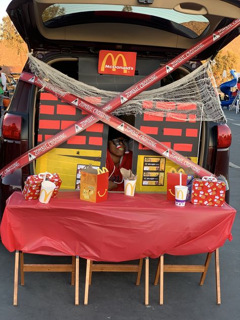 McDonald’s car Mcdonald’s Trunk Or Treat Ideas, Trunk Or Treat Mcdonalds, Mcdonalds Trunk Or Treat Ideas, Mcdonalds Trunk Or Treat, Mcdonald’s Trunk Or Treat, Zombie Birthday Party Decorations, Trunk Or Treat Ideas, Zombie Birthday Parties, Zombie Birthday