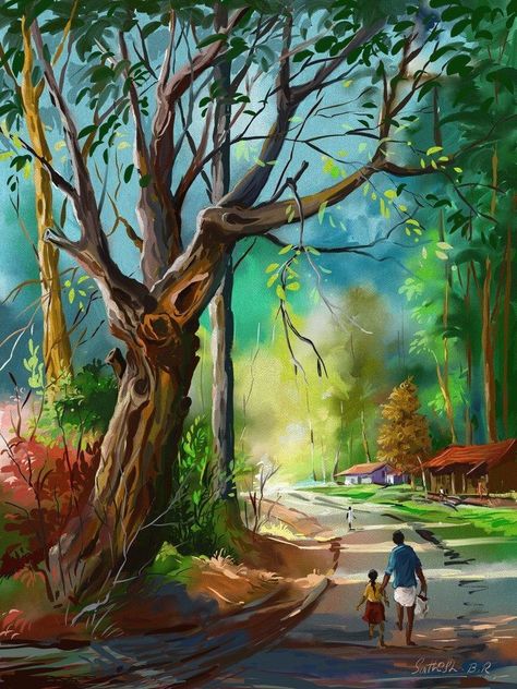 ArtRage 5 Art Contest Winners - ArtRage Watercolor Art For Kids, Village Scene Drawing, Watercolor Scenery, Watercolor Paintings Nature, Indian Art Gallery, Art Village, Indian Village, Scenery Paintings, Landscape Art Painting