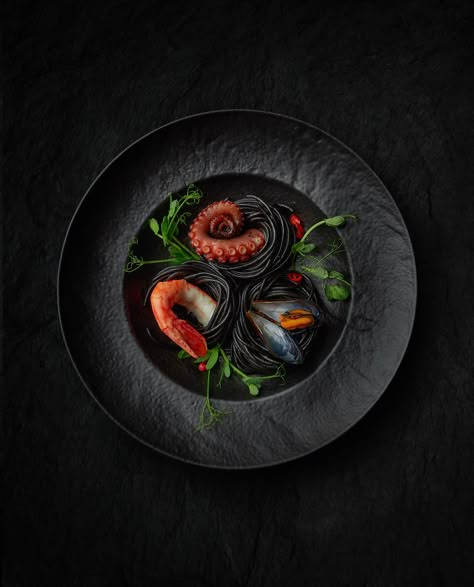 Oyster & Octopus. Fish & Shrimp. SEA on Behance Black Food Photography Dark, Octopus Food Photography, Seafood Food Photography, Black Food Photography, Sea Food Photography, Seafood Fine Dining, Fine Dining Photography, Culinary Photography, Iphone Food Photography